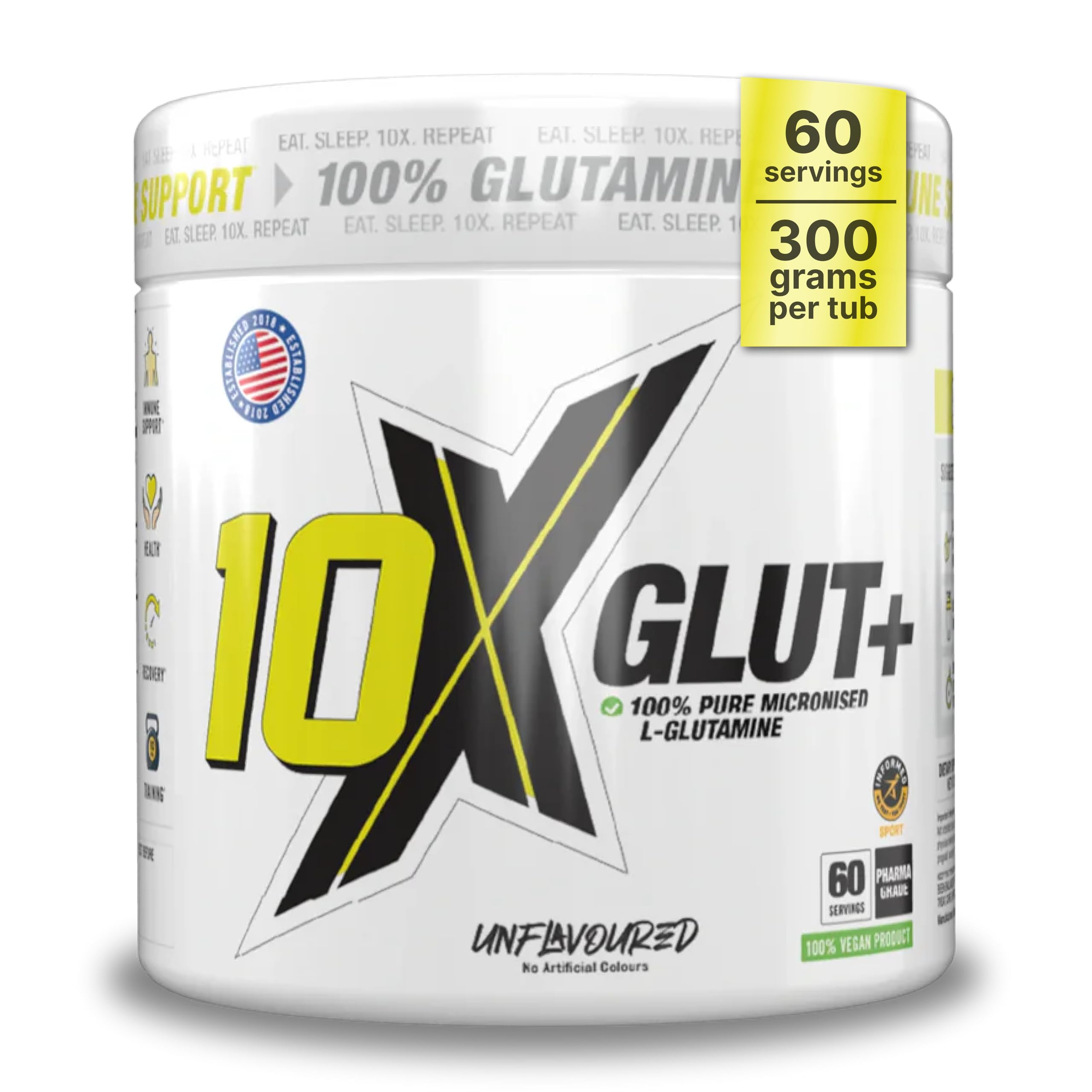 10X Athletic L-Glutamine Powder – 300g, 60 Servings, Micronized, 100% Vegan, Unflavoured, Informed Sport Certified, Supports Recovery, Gut Health & Muscle Repair