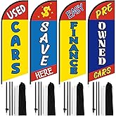 Hillsuren 4 Pack 7 ft Used Cars Flags - Used Cars Dealer Flags with Pole Kit Outside Windless Advertising Feather Banners for Business Finance Save Pre-owned Dealership Supplies