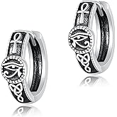 Eye of Horus Earrings Sterling Silver Ankh Huggie Hoop Earrings for Men Egyptian Jewelry Gifts for Men Women
