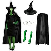 4 Pcs Halloween costume Set, Wicked Witch Cosplay Kit with Witch Hat, Green Gloves, Glasses, Cape for Women, Teens, Kids, Halloween Party Cosplay Props