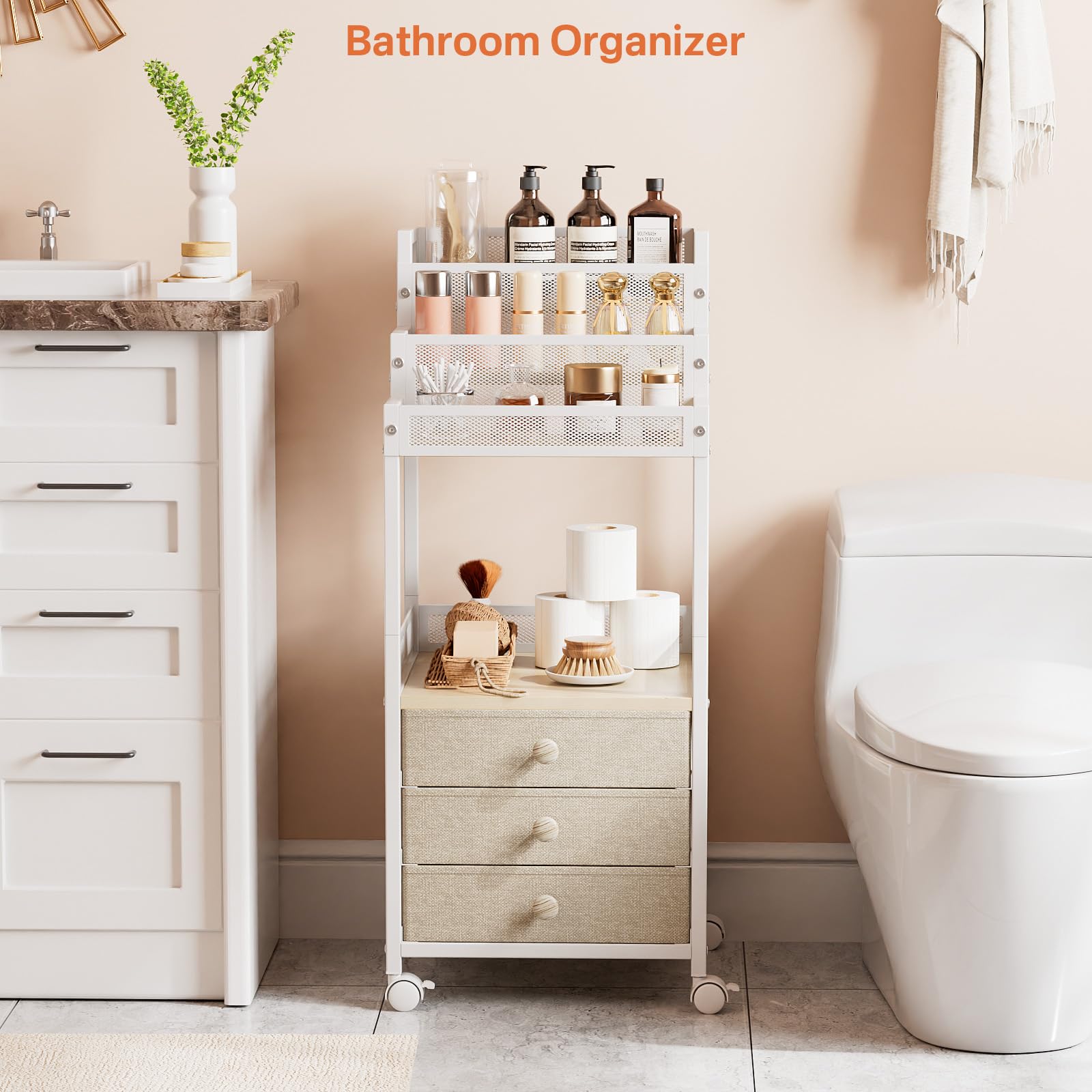 FURFUN Makeup Organizer Storage Cart with Drawers, Floor Rolling Skincare Vanity Organizer Mobile Cosmetic Display Case Stand for Makeup Brushes, Nail Polish, Perfume Organizer for Women Matte White