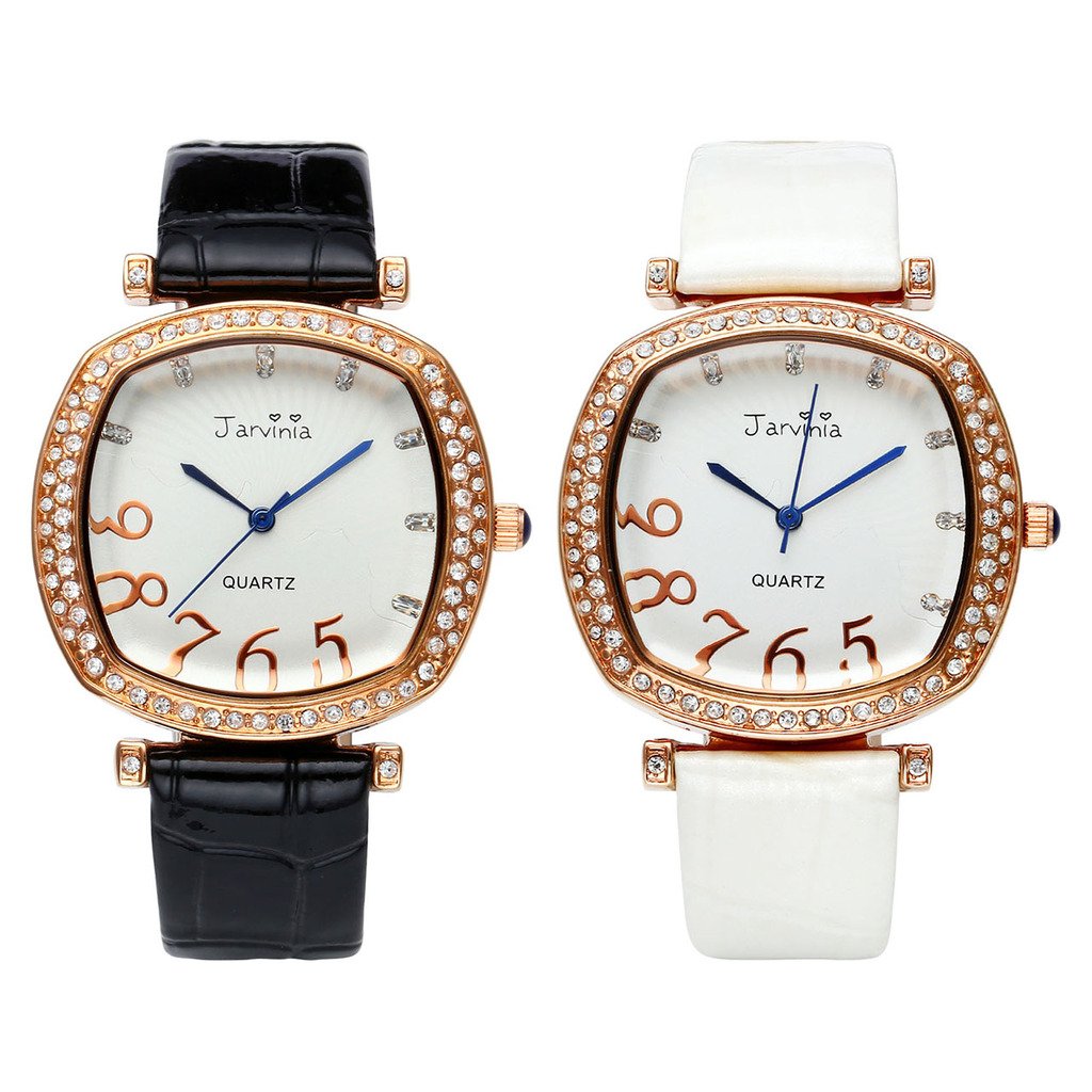 JSDDE Uhren,Elegant Frau Damen Armbanduhr Strass Quadrat Damenuhr Echtleder Armband Rosegold Analog Qaurzuhr,Schwarz