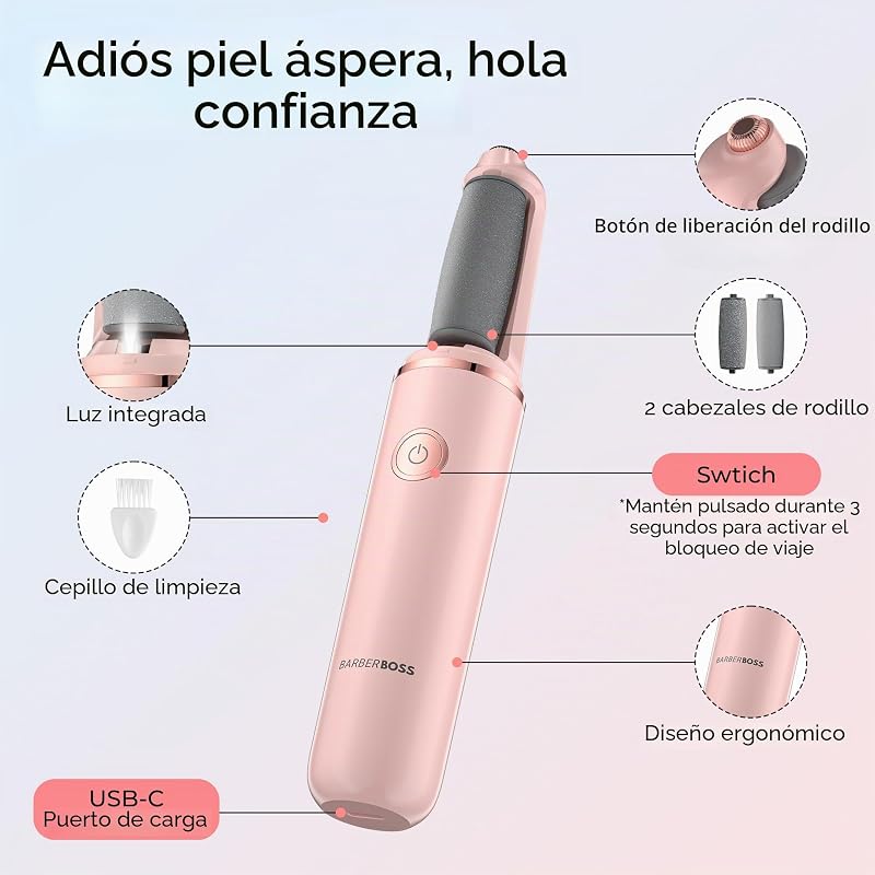 Lima eléctrica para pies, removedor de callos para pies, kit de pedicura recargable, cabezales de rodillo finos y gruesos, carga USB, tapa protectora (Rosa)