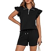 BTFBM Womens 2 Piece Outfits Spring Sweatsuit Zipper V Neck Casual Ruffle Cap Sleeve Tops Drawstring Shorts Lounge Sets