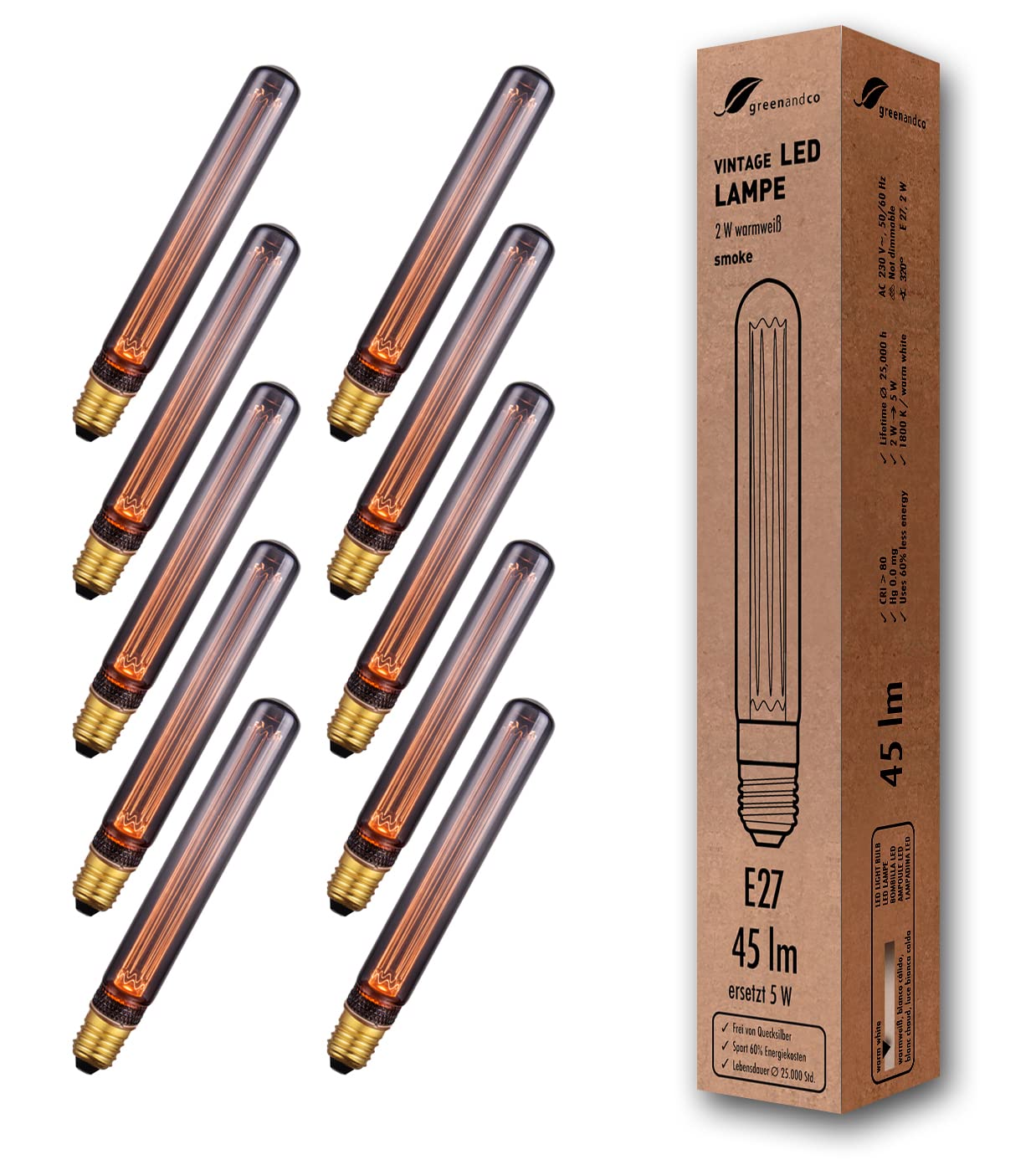 greenandco 10x Decorative LED Vintage Light Bulb | E27 T30 | Smoke | 2W 45lm | 1800K Extra Warm White | 320° | 230V | Flicker Free | Not Dimmable