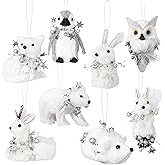 Vercraft 8 Pack Sisal Woodland Friends Animals White Mini Winter Christmas Tree Hanging Ornaments Set Natural Sisal Straw Figurines Rustic Forest Hanging Accessory Decor for Winter Fairyland Decor