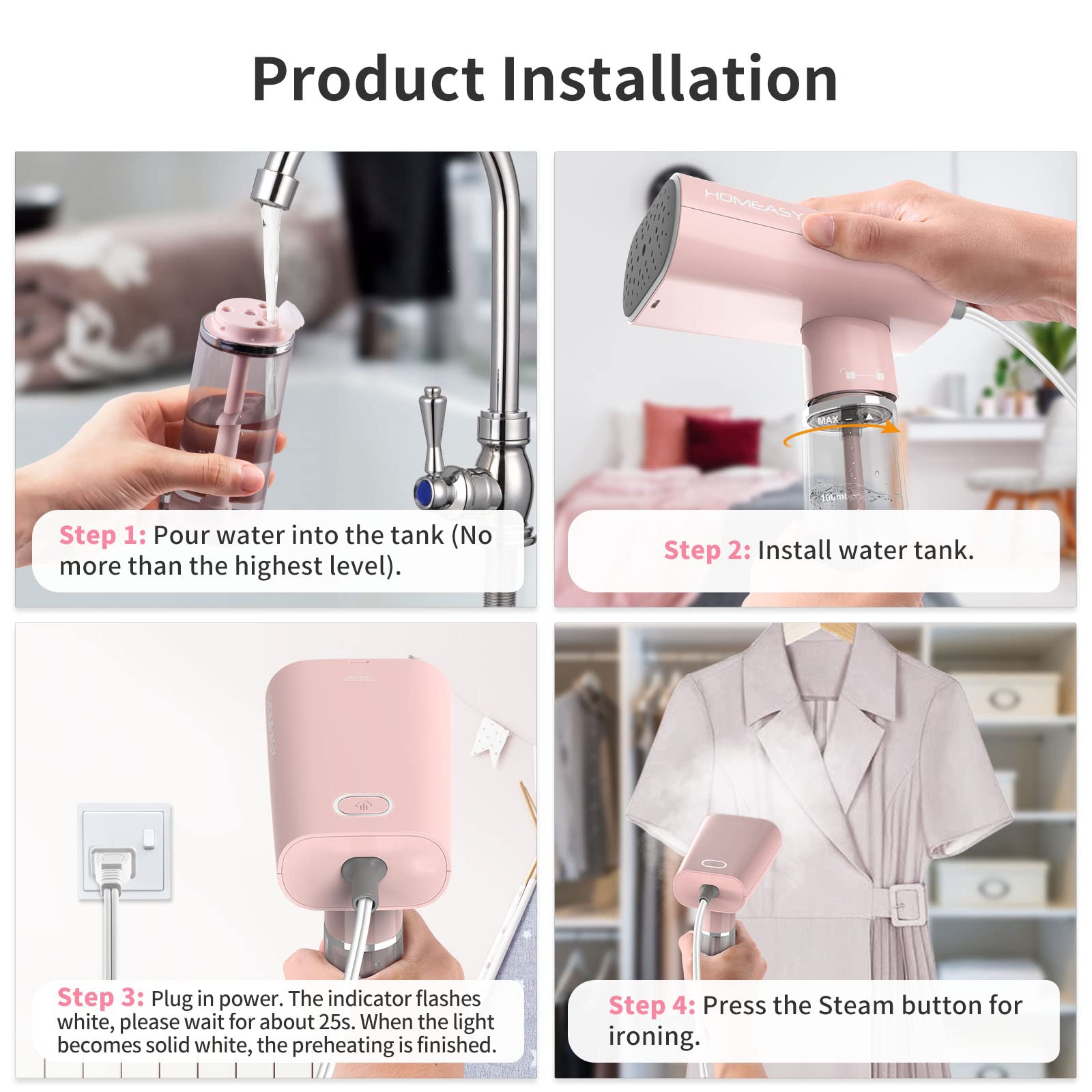 Clothes Steamer Travel, HOMEASY Handheld Steamer for Clothes Garment Steamer Portable Iron Clothes Steamer Fabric Wrinkle Remover with Fast 25s Heat-up Detachable Water Tank, Pink