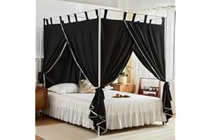 AIKASY Black Canopy Bed Curtains with Top Ties and Tie Backs for Bedroom Decoration - King Size Bed Curtains with Windproof and Lightproof Features