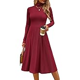 CFLONGE Women's Casual Ribbed Knit High Neck Dress Long Sleeve Fall Dress for Women 2025 Lightweight A Line Flare Dresses