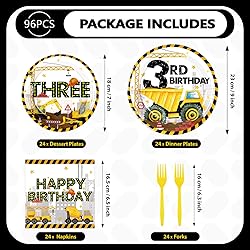96 Pcs Construction 3rd Birthday Party Supplies
