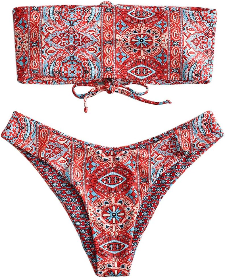 Women's Ethnic Floral Print Lace-Up Bandeau Bikini Set Two Piece Swimsuit