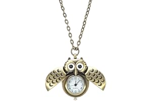 KAEVUD Retro Design Clock Owl Openwork Cover Pocket Quartz Watch with Wing Character Necklace for Women