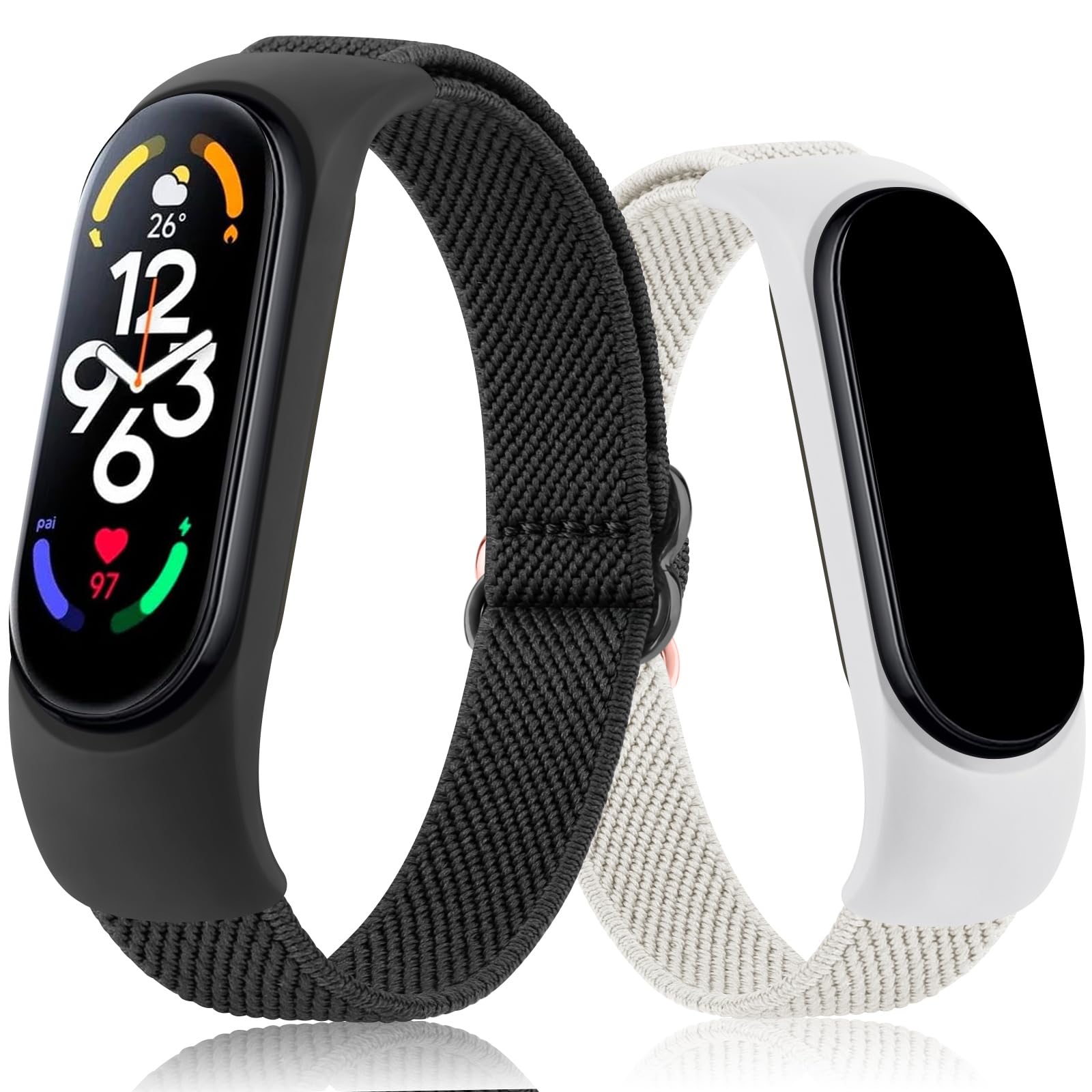 Adjustable Elastic Watch Straps Compatible with Xiaomi Mi Band 7/6/5/4/3, Stretchy Nylon Sports Band for Men Women (Black/Starlight)