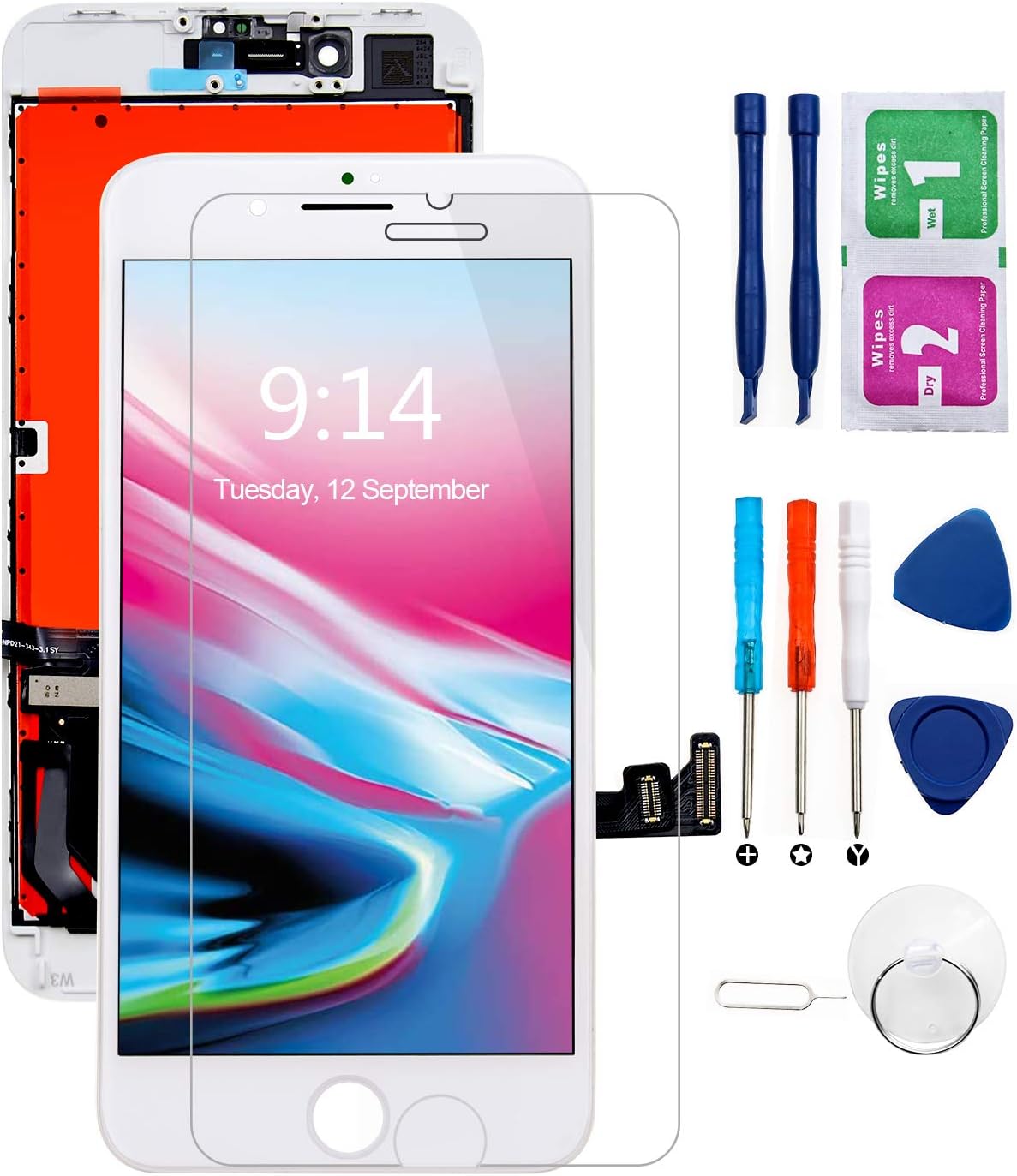 Compatible with iPhone 8 Plus Screen Replacement White Display, 3D Touch Screen Digitizer with Complete Repair Kit, Including Tempered Glass, Repair Tools, for iPhone 8 Plus 5.5" A1864, A1897, A1898