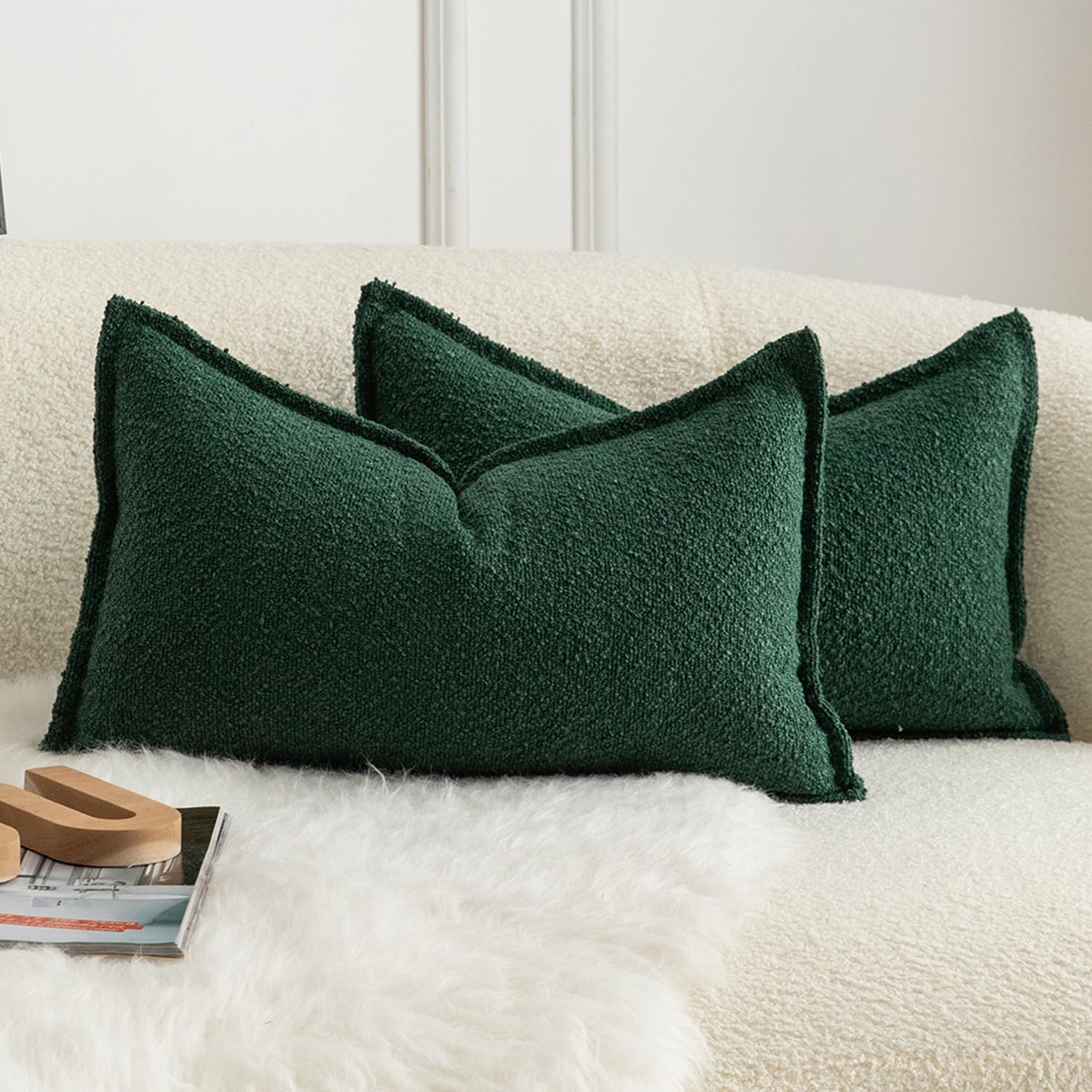 Mandioo Pack of 2 Cushion Covers 30cm x 50cm Decorative Accent Solid Woven Textured Throw Pillow Covers cases Bedroom Living Room Couch Sofa Home 12 x 20 Inch Green