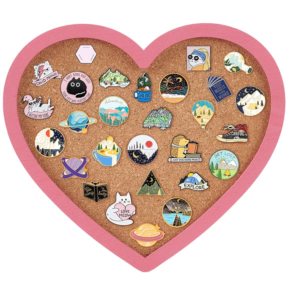 BENECREAT Pearl Pink Heart Pin Cork Board, 20x18cm Bulletin Display Board Wall Mounted Cork Board with Pink Frame for Brooch Pin Storage Display, Office Home and School Decor