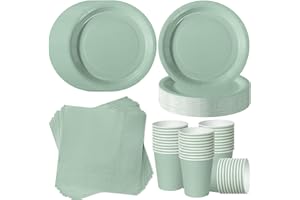 ZblPyro Sage Green Party Tableware Set for 40 Guests | A Set of 120 pcs Includes Round Paper Plates, Cups & Napkins | Elegant