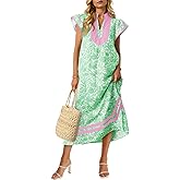 Wenrine Womens Summer Floral Maxi Dress Casual Short Cap Sleeve V Neck Color Block Side Slit Loose Boho Beach Dresses