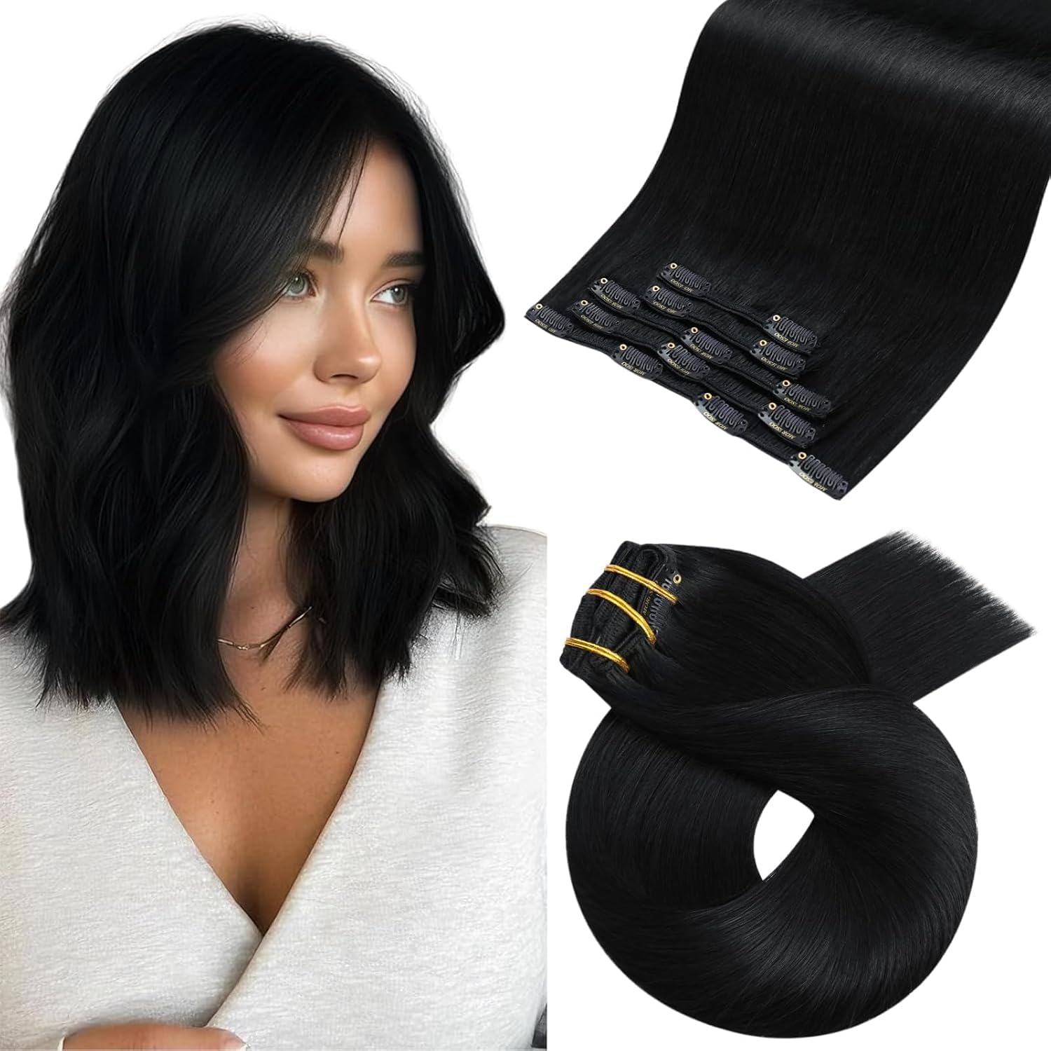 Moresoo Clip in Hair Extensions Real Human Hair Black Clip in Human Hair Extensions 10 Inch Jet Black Remy Straight Hair 5 Pieces/80g #1 — image 1