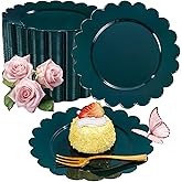 LIYH 200 Pcs Dark Green Dessert Plates - Disposable Cake Plates with Gold Forks, Gold Dessert Forks 5", Plastic Cake Plate 7.5" for Holiday Party