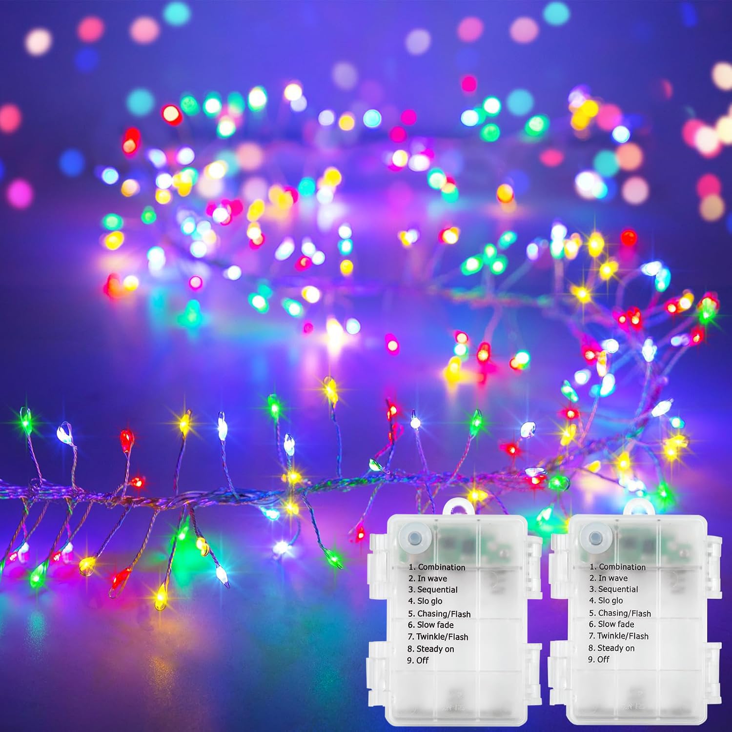 Photo 1 of 2 Pack Cluster Fairy Lights Battery Operated, Total 20Ft 400LED Christmas String Lights with Timer 8 Modes Twinkle Firecracker Fairy Lights for Garlands Tree Wedding Outdoor Decor (Multicolor)