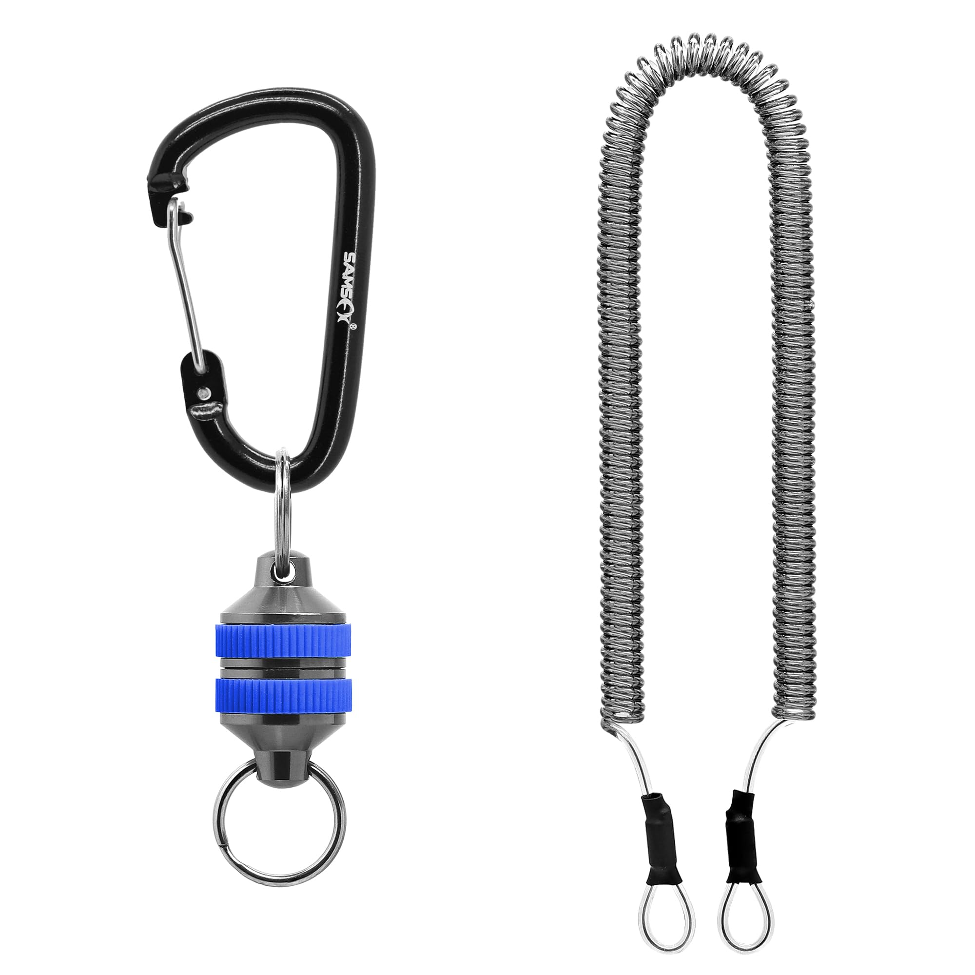 SAMSFX Fly Fishing Magnetic Net Release Holder Keeper Magnet Clip Landing Net Connector with Coiled Lanyard for Cord Free Heavy Gear (Blue Grips)