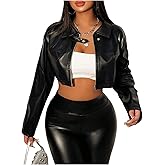 WDIRARA Women's PU Leather Zipper Buckle Belted Long Sleeve Motorcycle Crop Jacket