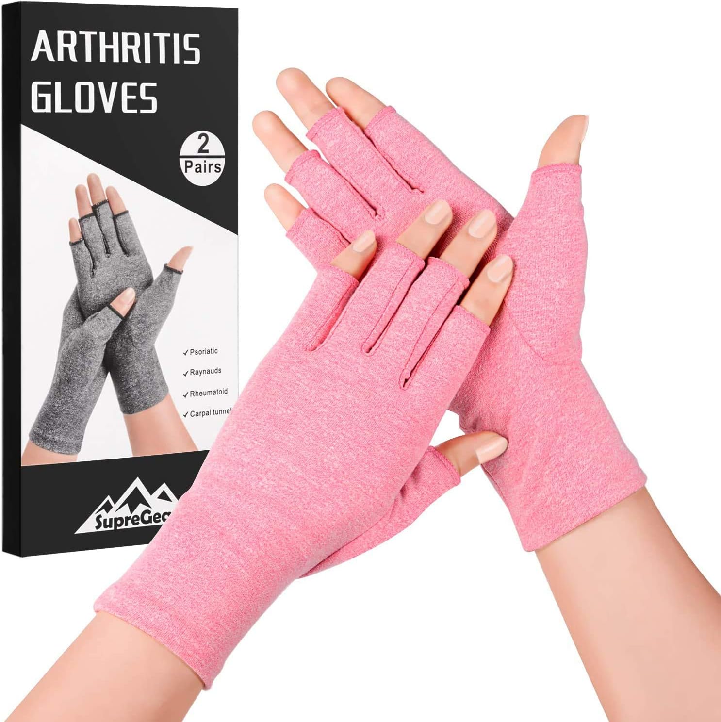 supregear Arthritis Gloves, Rheumatoid Arthritis Compression Gloves for Pain Relief Gaming Typing Fingerless Gloves, 2 Pairs