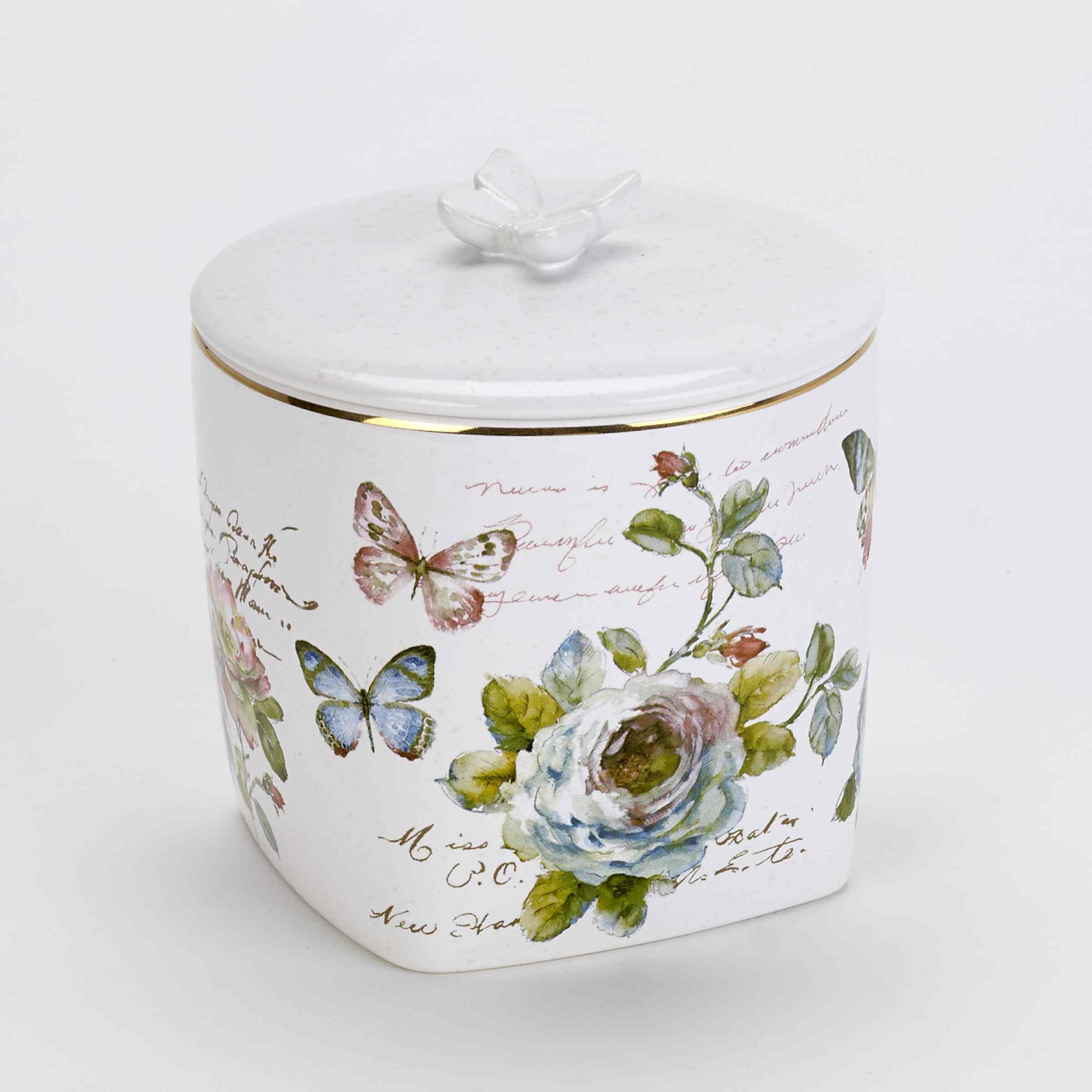 Avanti Linens - Covered Jar, Multipurpose Countertop Organizer, Ceramic Bathroom Decor (Butterfly Garden Collection), White