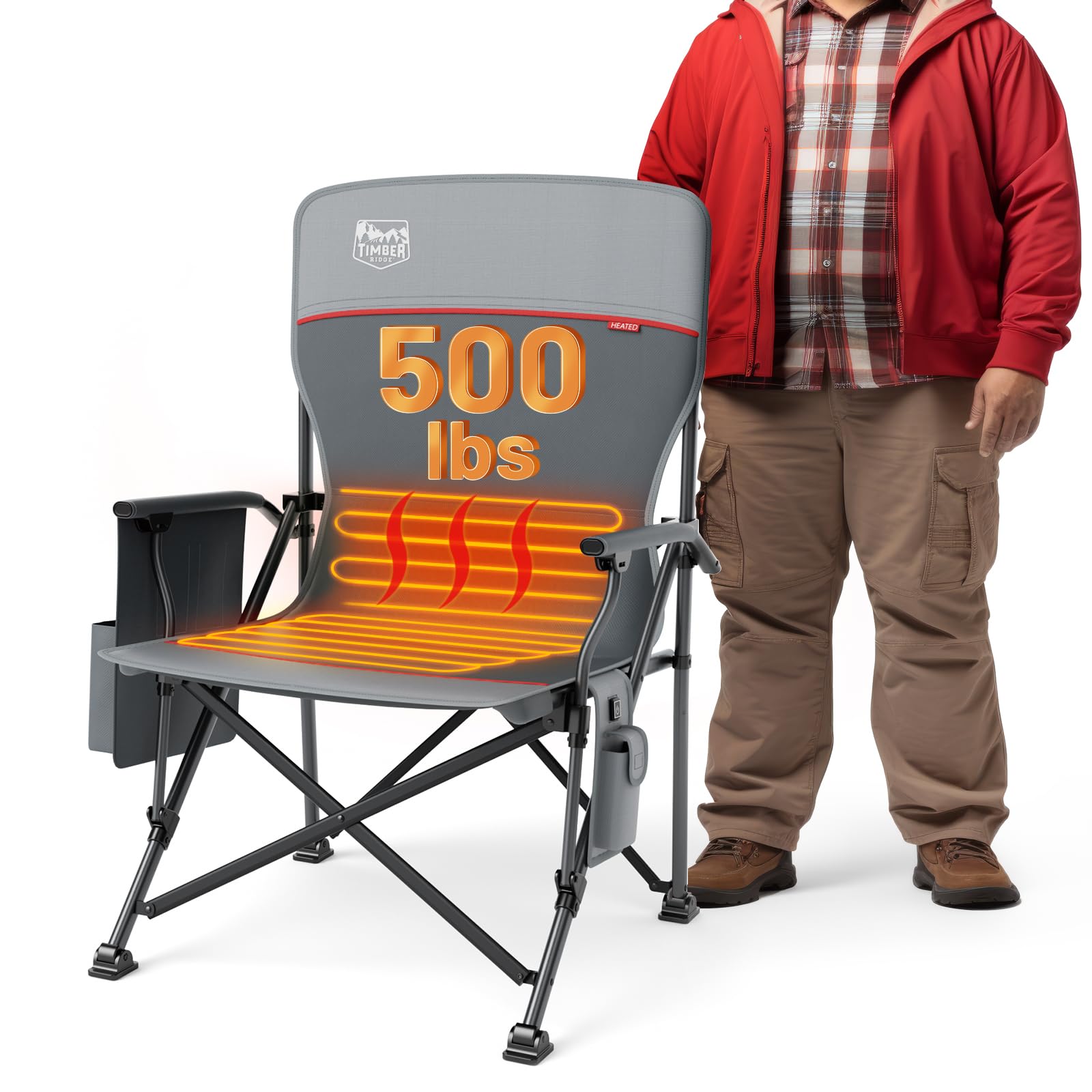 TIMBER RIDGE Oversized Heated Camping Chair for Outdoor Sports, High Back Padded Lawn Chair for Adults Support Up to 500lbs with Cup Holder, Side Pocket(Power Bank not Included) Image