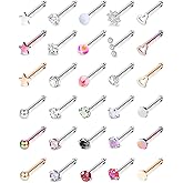 MILACOLATO 30Pcs Nose Rings Studs for Women Men 316L Stainless Steel Nose Piercings Jewelry 18G 20G Straight L Shaped Corkscrew Nose Rings Cubic Zirconia Created-Opal Nose Studs Hypoallergenic