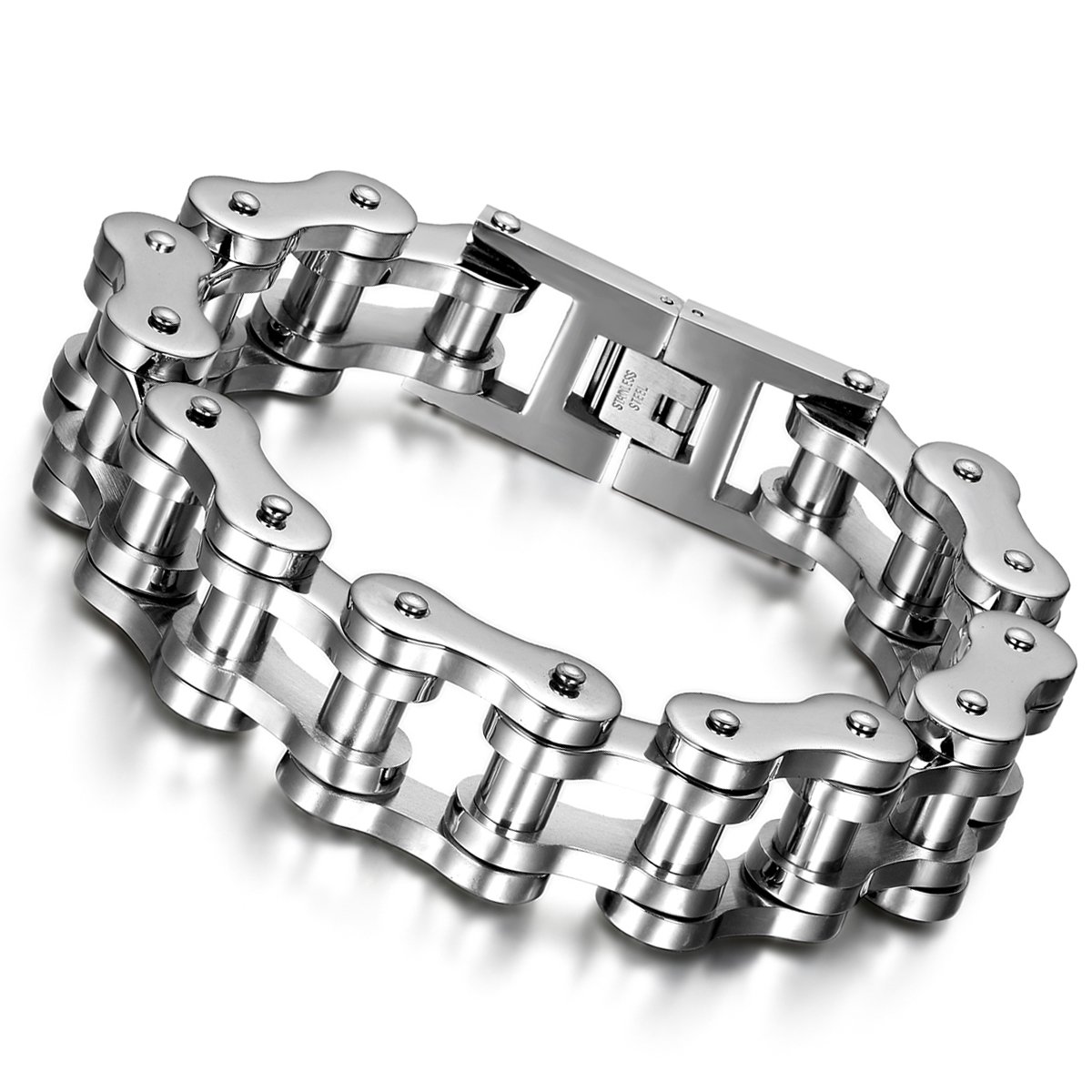 Cupimatch Mens Heavy Gothic 18MM Wide Biker Silver Tone Stainless Steel Motorcycle Chain Bracelet 9.1" (Silver) for Fathers Day — image 1