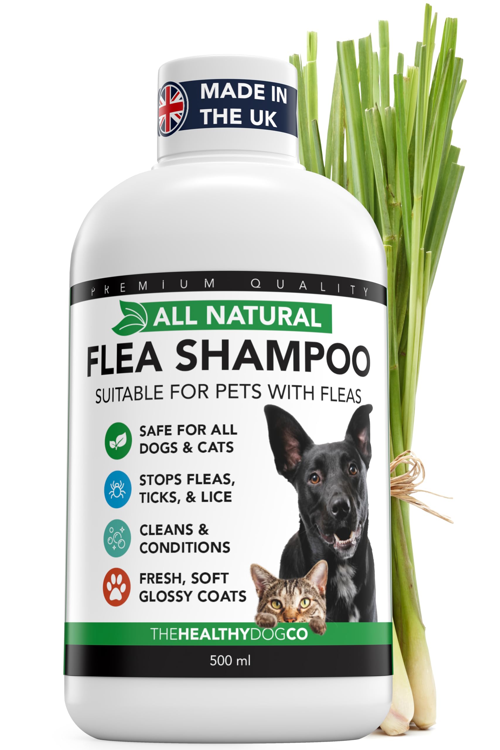 The Healthy Dog and Cat Co. – All Natural Flea Shampoo for Dogs & Cats – Gentle Wash with Quassia & Lemongrass – Safe, Vegan Formula for Itchy Skin – Dog & Cat Shampoo – Made in UK