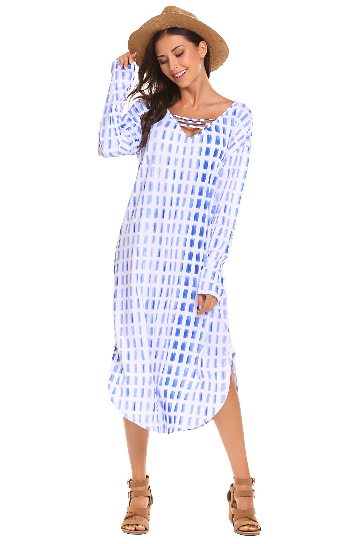 SE MIU Women Casual Maxi Long Sleeve Split Tie Dye Shift Dress