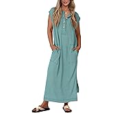 KIRUNDO Womens Summer Dresses 2026 Spring Ribbed Knit Henley Short Sleeve Maxi Dress Button Up Loose Beach Vacation Sundress