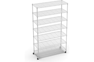 POUSEAYAR Chrome NSF 7 Tier Metal Shelf Wire Shelving Unit, 2450lbs Heavy Duty Adjustable Storage Rack with Wheels & Shelf Liners for Closet Kitchen Garage Basement Commercial Shelving - 82" H x 48" L x 18" D