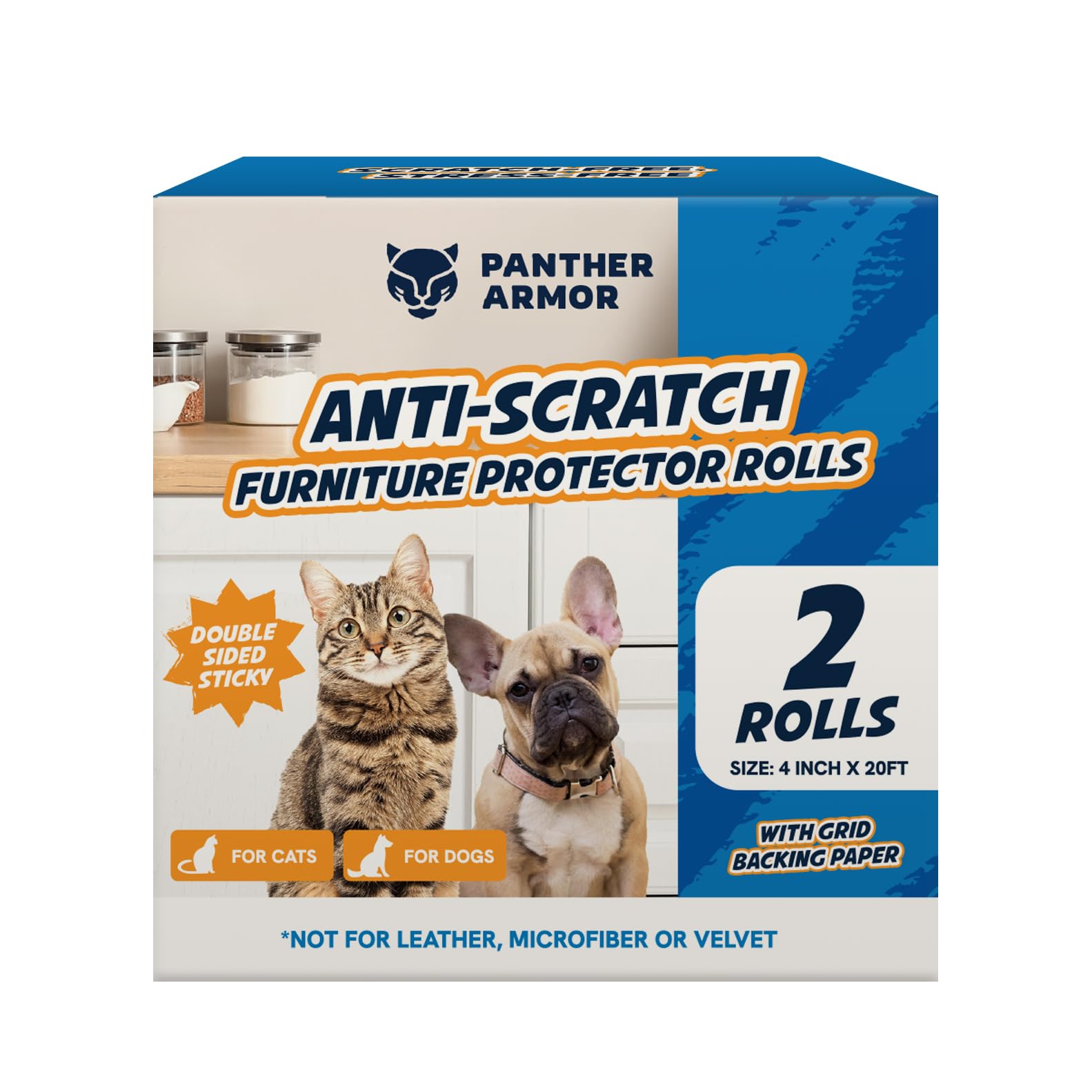 Photo 1 of 2 Rolls Cat Scratch Furniture Protector Tape – Double-Sided Sticky Training (4" x 20ft Each) – Anti-Scratch Sofa & Couch Guard – Clear, Easy to Apply & Remove – Not for Leather, Velvet, Microfiber