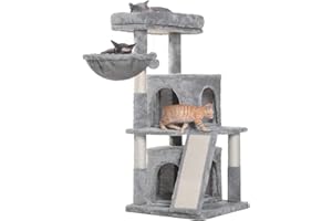 Hey-brother Cat Tree with Scratching Board, 2 Luxury Condos, 41.34 inches Cat Tower with Padded Plush Perch and Cozy Basket, Light Gray MPJ004W