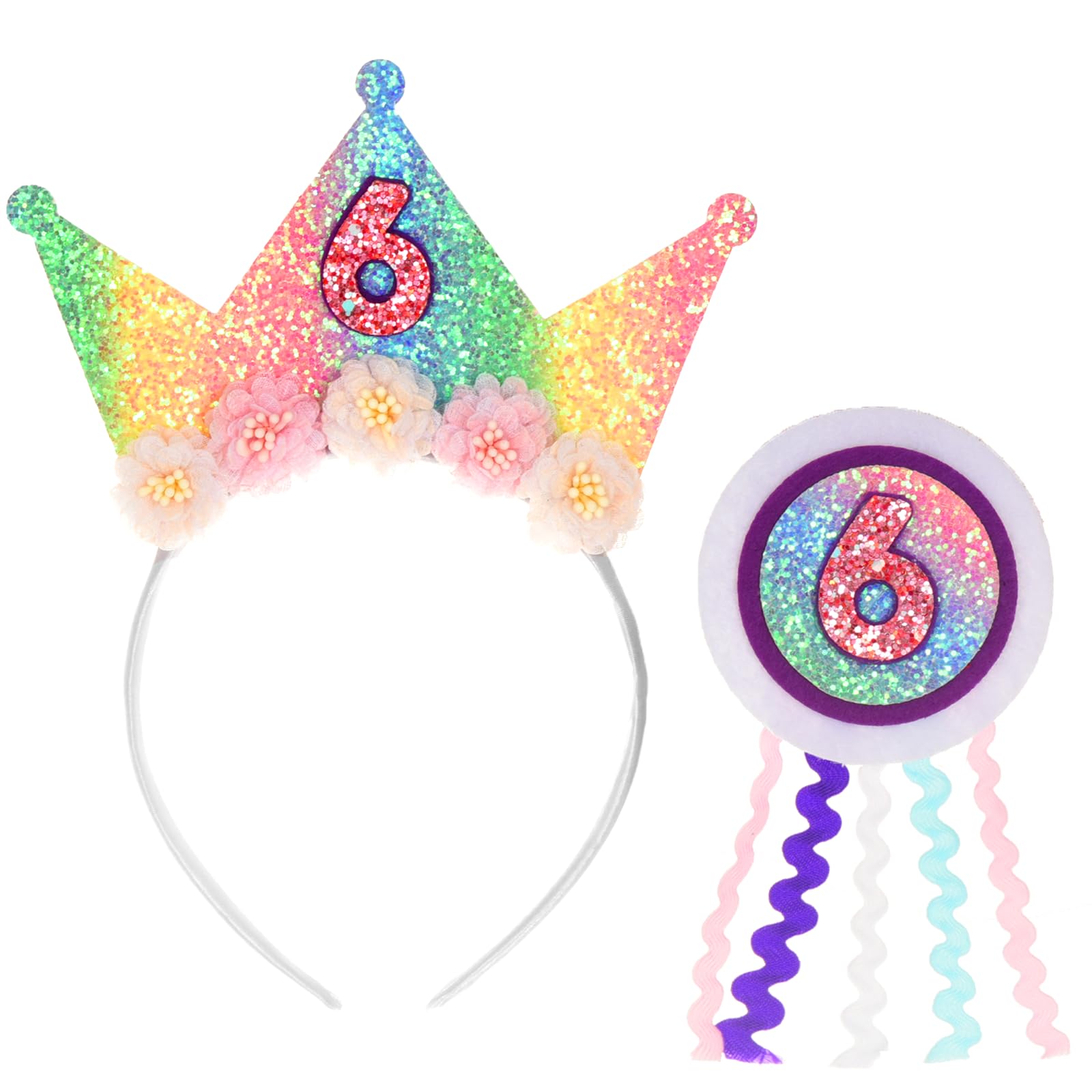 XDGBGFN Pink Birthday Headband and Badge, 6th Birthday Girl Rainbow Headband for Girls, 6th Birthdays Decorations Set for Girl's Birthdays Party (6th)