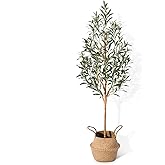Faux Olive Tree 5FT – Tall Artificial Plants Indoor with Real Wood Trunk & Seagrass Basket, Lifelike Silk Leaves & Fruits – Potted Large Fake Trees for Home, Living Room, Bedroom & Office Decor