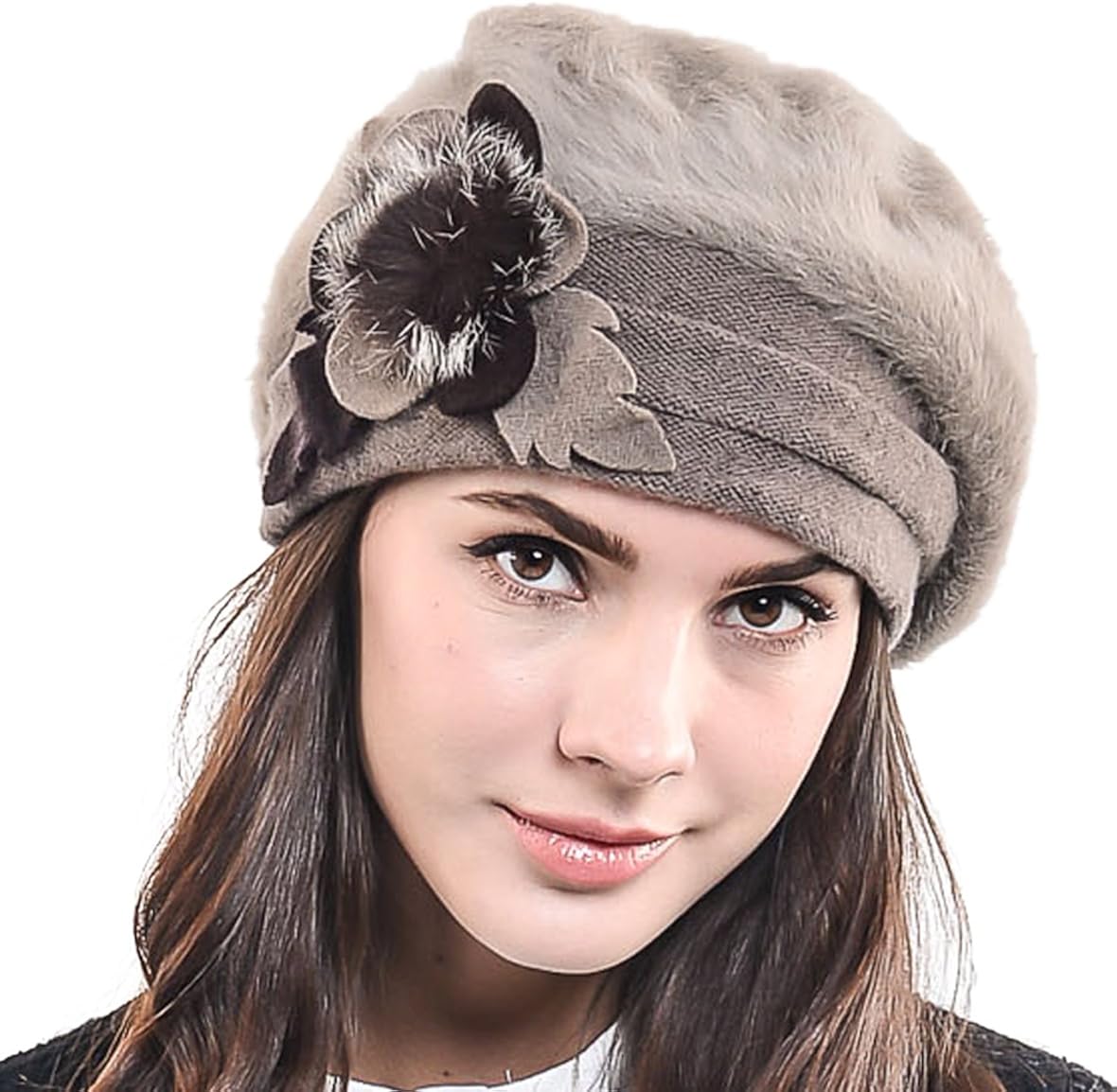 F&N STORY Lady French Beret Wool Beret Chic Beanie Winter Hat Jf-br034 (BR022-Brown Angora) at  Women’s Clothing store
