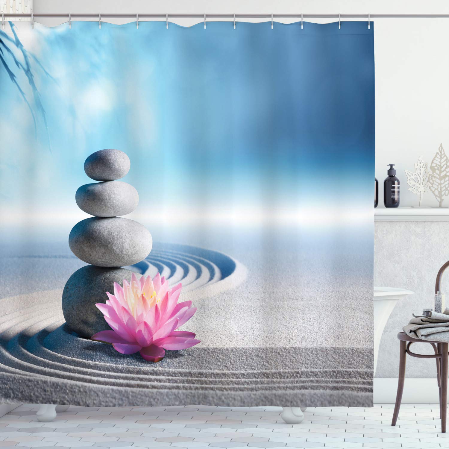 ABAKUHAUS Spa Shower Curtain, Stones and Lotus Flower over Sand Meditation Harmony Balance Flourish Your Spirit, Cloth Fabric Bathroom Decor Set with Hooks, 94 Inches, Grey Blue Pink