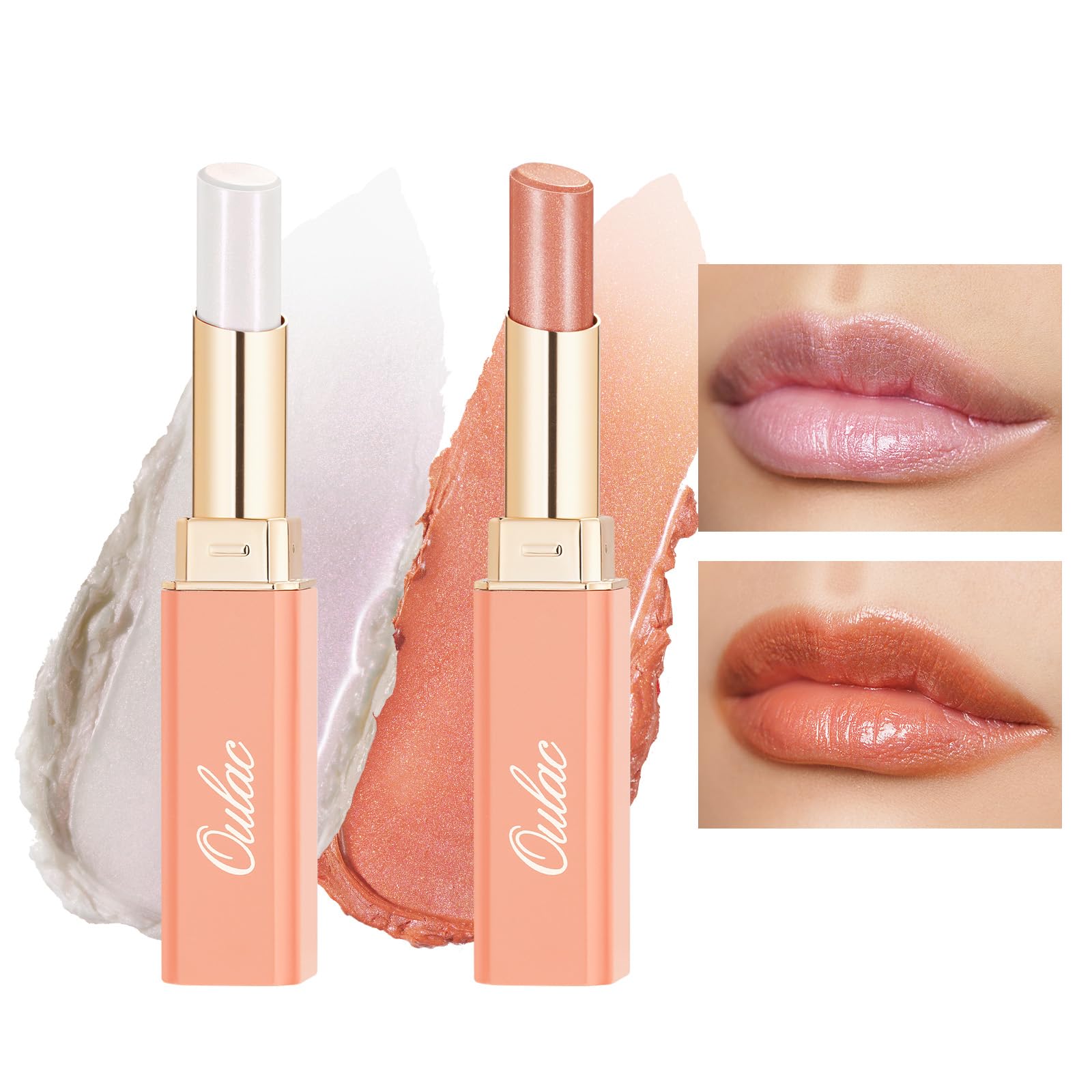 Oulac Shimmer Peach & White Pink Lipstick Set, Moisturising Lipsticks for Dry Lips, Juicy Look, Glossy Finish, Vegan (S3/S5)