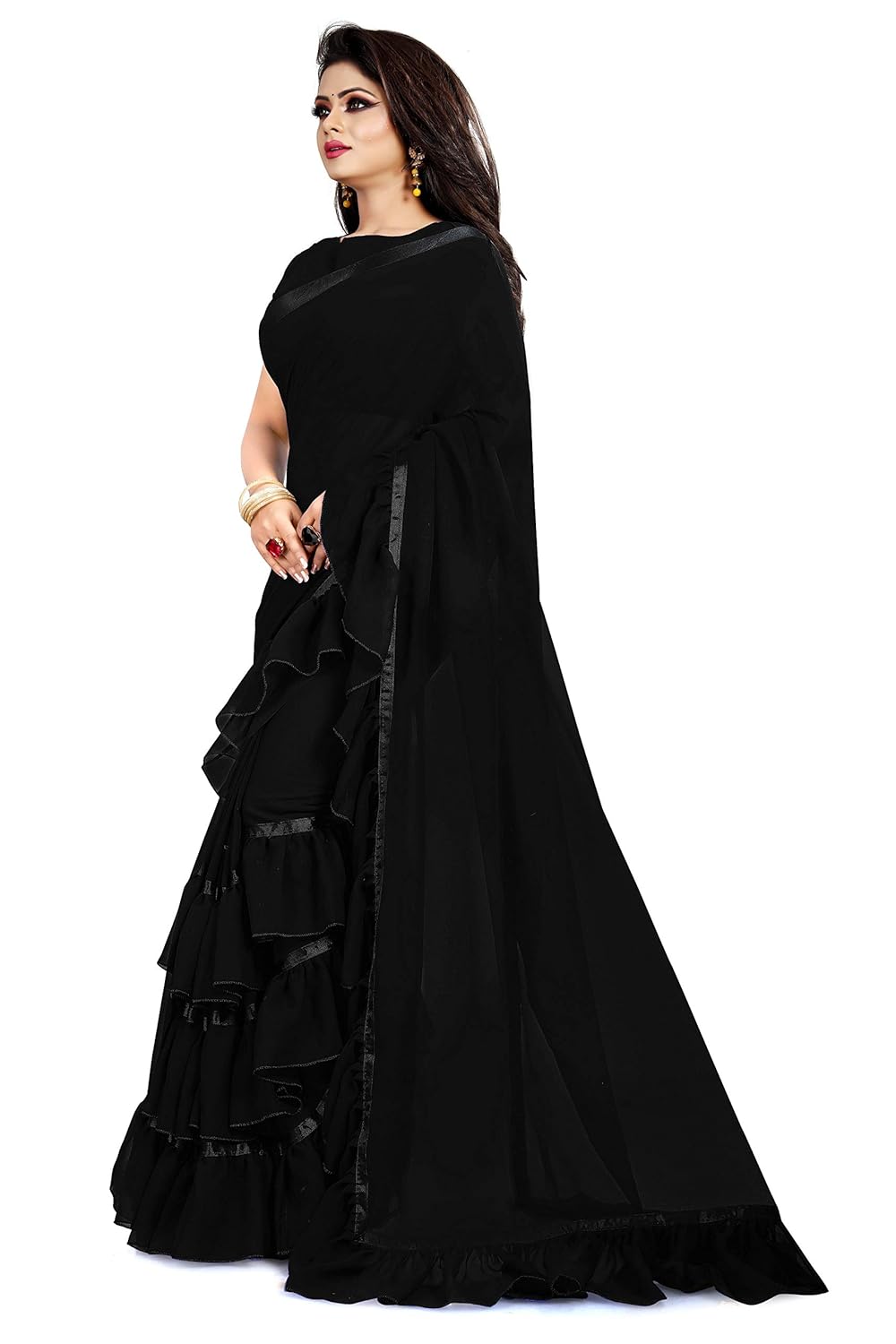 c&h georgette ruffle saree with blouse