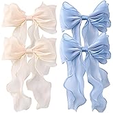 HLTOO 4PCS Big Ribbon Hair Bows, Oversized Long-tail Hair Clips, Large Hair Barrettes, for Women and Girls Hair Styling Accessories, Champagne and Blue