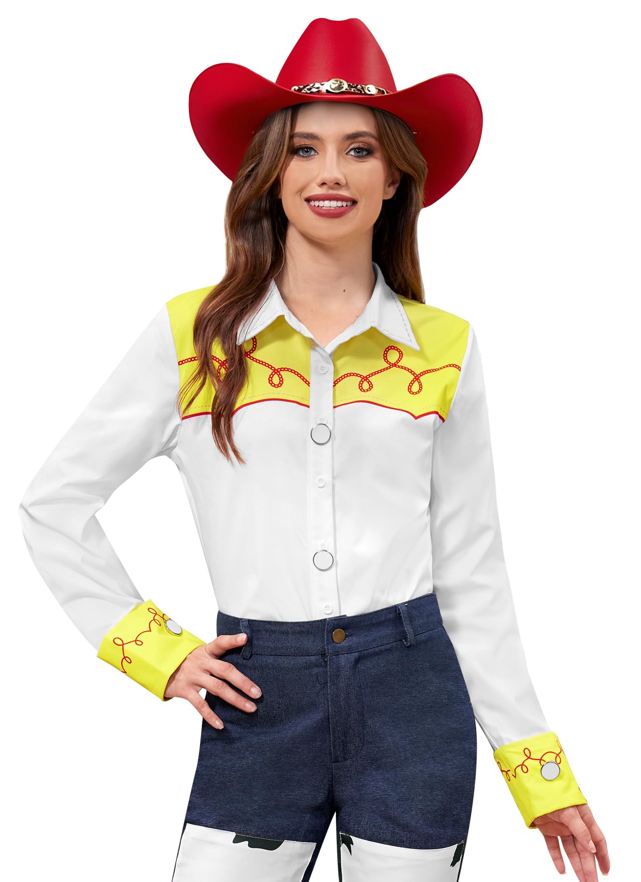 Photo 1 of ***WITHOUT THE HAT***Halloween Women Cowgirl Jesie Costume Button Down Shirt Long Sleeve Western Woven Classic Yellow and White Top XL