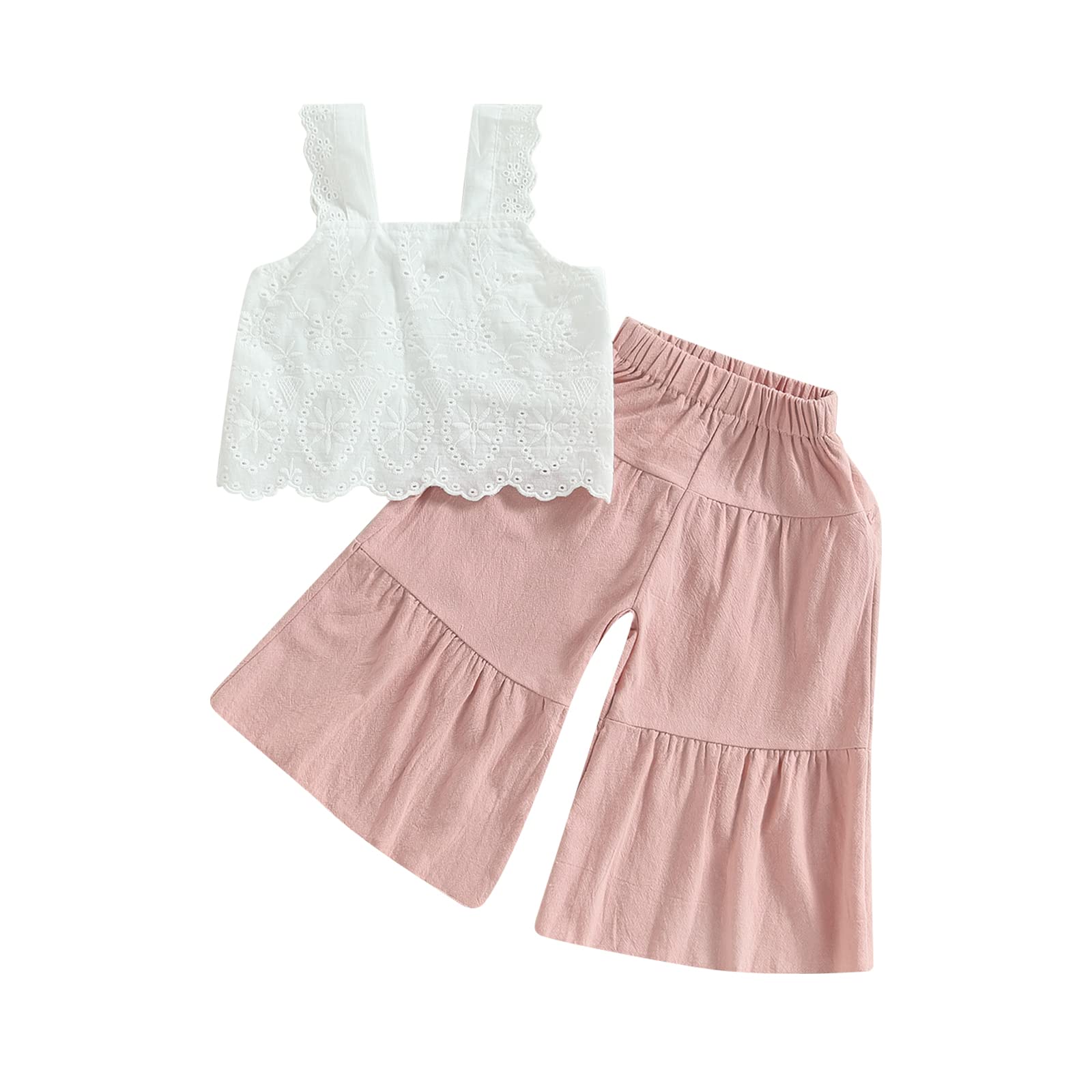 Photo 1 of ** ONLY ONE PCS ** 2PCS Baby Girl Sleeveless Strap Lace Crop Vest Tops + Flared Wide-Leg Pants Toddler Summer Outfits Set Clothes (Pink, 5-6 Years)