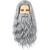 AMZCOS Grey Wizard Wig and Beard for Men Long Gray Beard Wig Set for Mens Halloween Costume Cosplay Party (Grey)