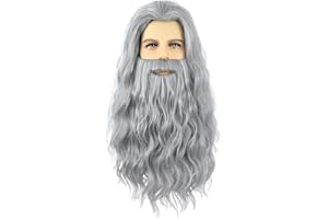 AMZCOS Grey Wizard Wig and Beard for Men Long Gray Beard Wig Set for Mens Halloween Costume Cosplay Party (Grey)