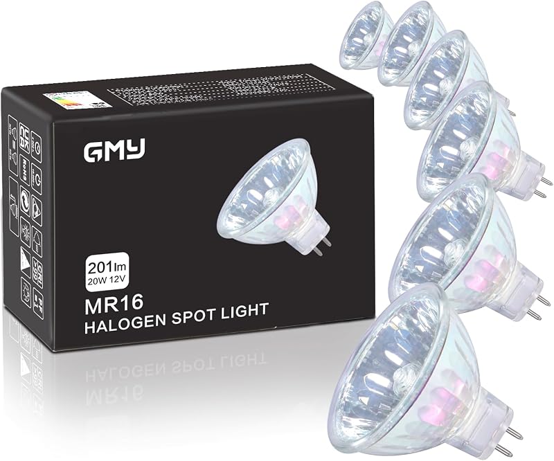 GMY MR16 20W 12V GU5.3 Dimmable Halogen Bulbs 36° 6 Pack